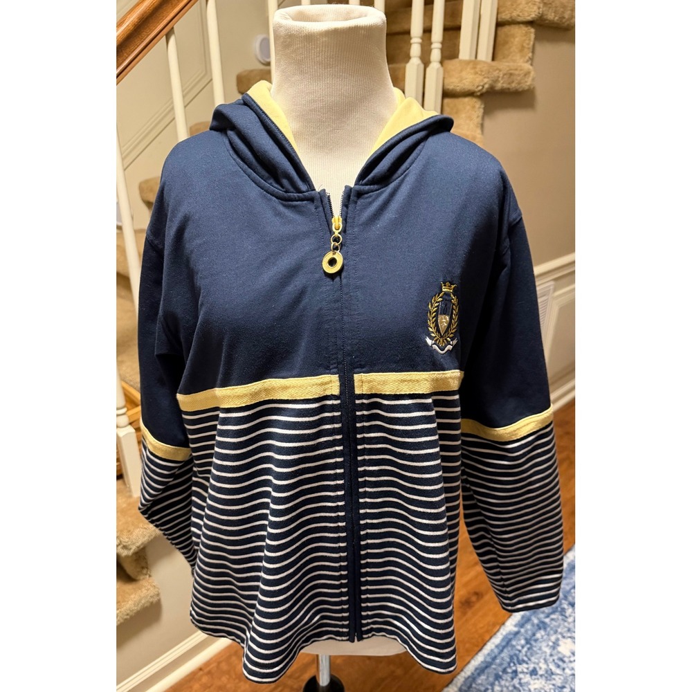 Koret K-Wear Petites Navy Blue Striped Zip Up Hoodie Jacket Yellow Trim Large P